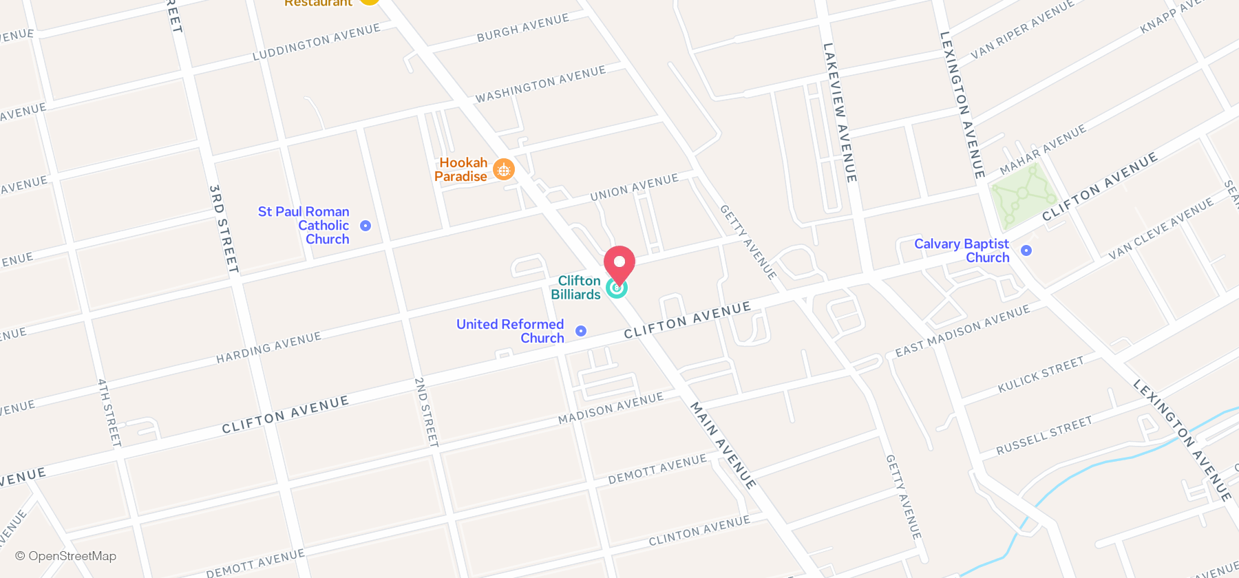 Street map with a pin at Clifton Advanced Dentistry, 296 Clifton Avenue in Clifton, New Jersey